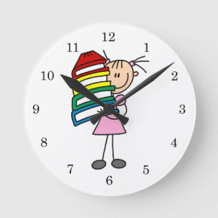 Strichfigur-Mädchen mit Büchern Runde Wanduhr