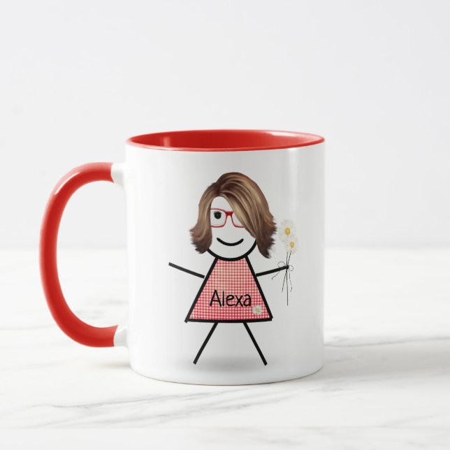 Strichfigur-Mädchen mit Daisies und inspirierendes Tasse (Links)