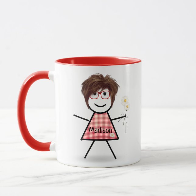 Strichfigur-Mädchen mit Daisies und inspirierendes Tasse (Links)