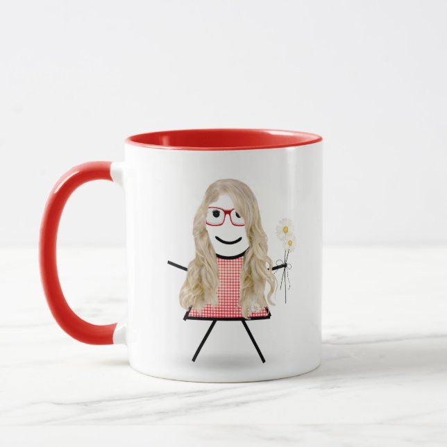 Strichfigur-Mädchen mit Daisies und inspirierendes Tasse (Links)