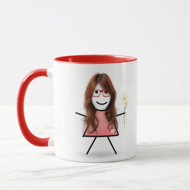 Strichfigur-Mädchen mit Daisies und inspirierendes Tasse (Links)