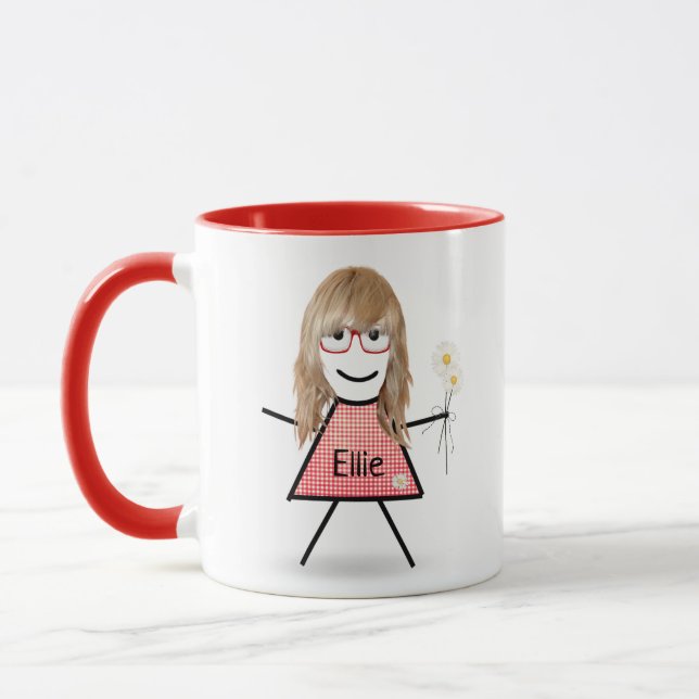 Strichfigur-Mädchen mit Daisies und inspirierendes Tasse (Links)