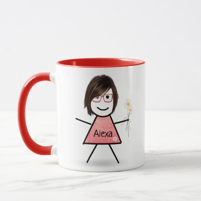 Strichfigur-Mädchen mit Daisies und inspirierendes Tasse (Links)