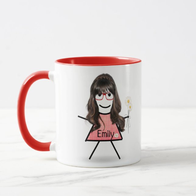 Strichfigur-Mädchen mit Daisies und inspirierendes Tasse (Links)