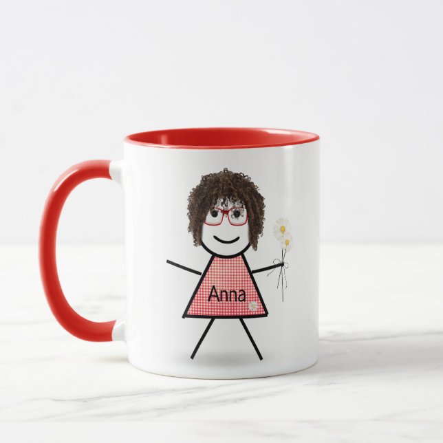 Strichfigur-Mädchen mit Daisies und inspirierendes Tasse (Links)