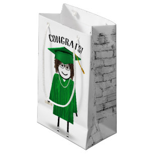 Strichfigur-Mädchen mit grüner Cap und Diplom Kleine Geschenktüte