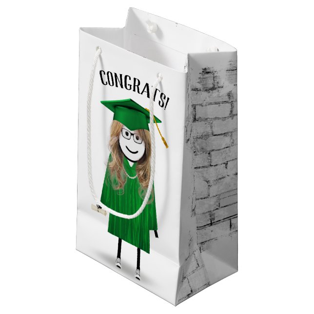 Strichfigur-Mädchen mit grüner Cap und Diplom Kleine Geschenktüte (Vorderseite Schrägansicht)