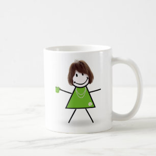 Strichfigur-Mädchen mit grüner Kaffee-Tasse Kaffeetasse