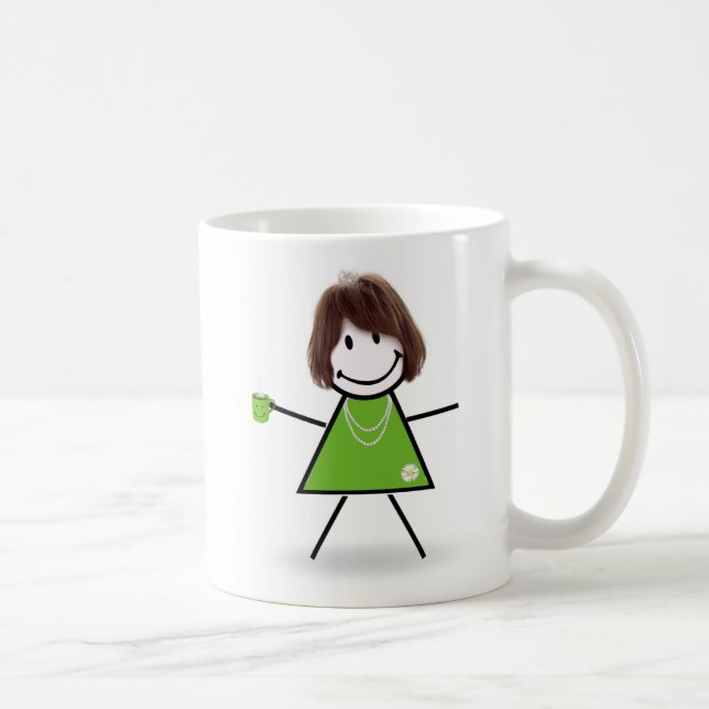 Strichfigur-Mädchen mit grüner Kaffee-Tasse Kaffeetasse (Rechts)