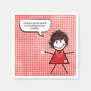 Strichfigur-Mädchen mit Kaffee Tasse auf Gingham Serviette