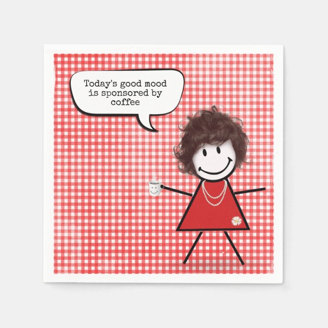 Strichfigur-Mädchen mit Kaffee Tasse auf Gingham Serviette (Vorderseite)