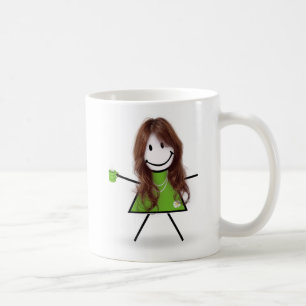Strichfigur-Mädchen mit Kaffee und Zitat Kaffeetasse
