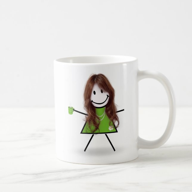 Strichfigur-Mädchen mit Kaffee und Zitat Kaffeetasse (Rechts)