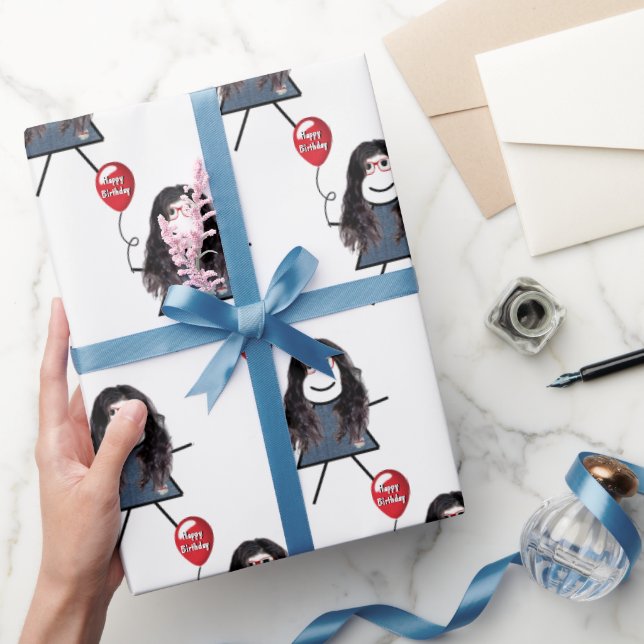Strichfigur-Mädchen mit Rotem Geburtstagsballon Geschenkpapier (Schenken)