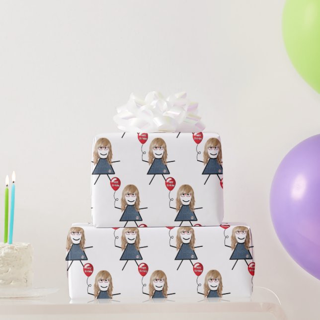 Strichfigur-Mädchen mit Rotem Geburtstagsballon Geschenkpapier (Partygeschenke)
