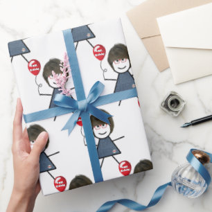 Strichfigur-Mädchen mit Rotem Geburtstagsballon Geschenkpapier