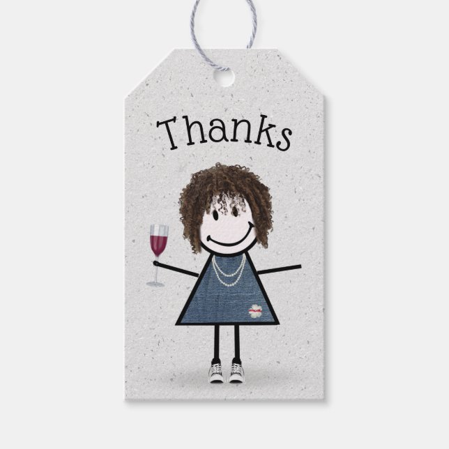Strichfigur-Mädchen mit Wein Danke Geschenkanhänger (Vorderseite)