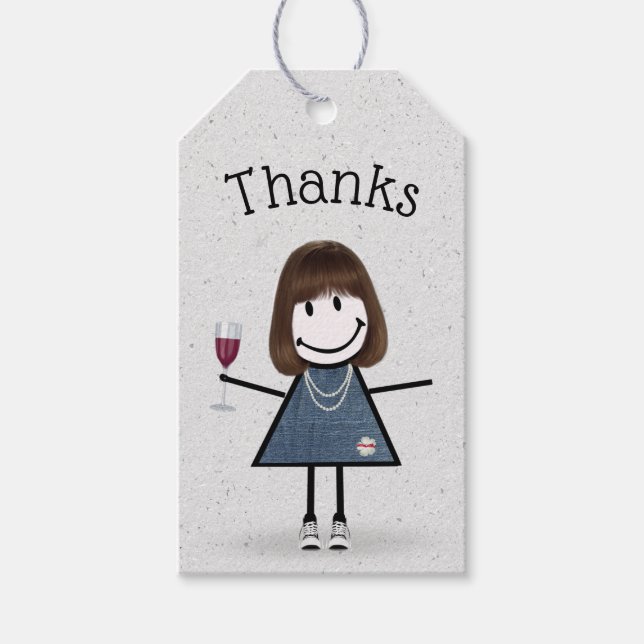 Strichfigur-Mädchen mit Wein und Sneakers Geschenkanhänger (Vorderseite)