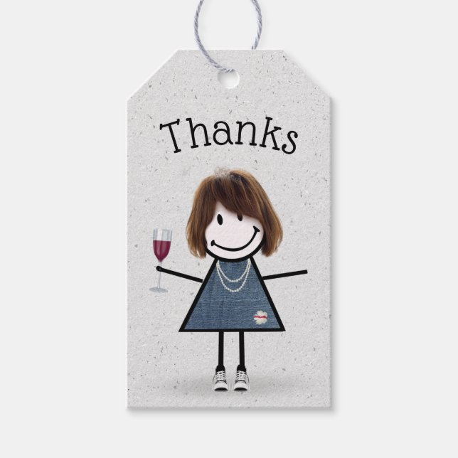 Strichfigur-Mädchen mit Wein und Sneakers Geschenkanhänger (Vorderseite)