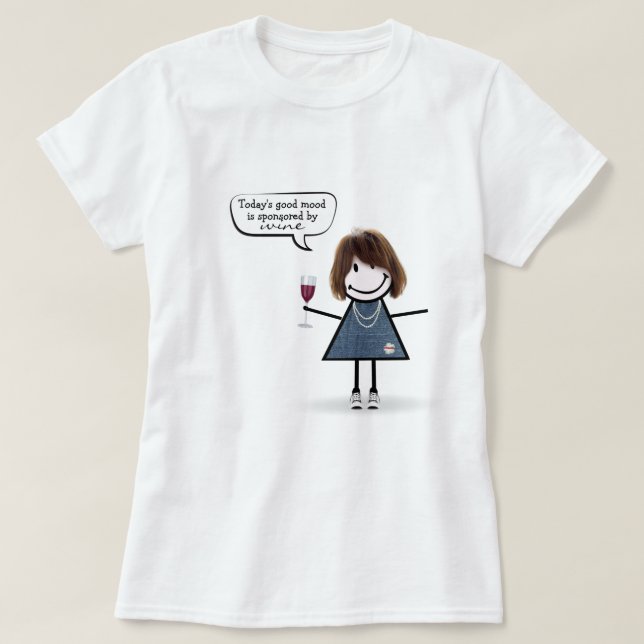 Strichfigur-Mädchen mit Wein und Sneakers T-Shirt (Design vorne)