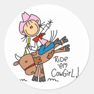 Strichfigur-Mädchen Ride Em Cowgirl - Geschenke Runder Aufkleber