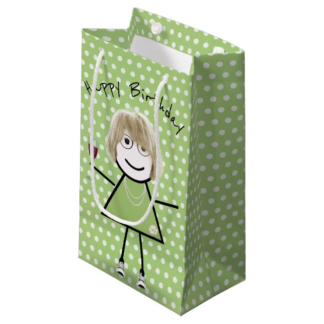 Strichfigur-Mädchen zum Geburtstag mit Weinglas Kleine Geschenktüte (Vorderseite Schrägansicht)