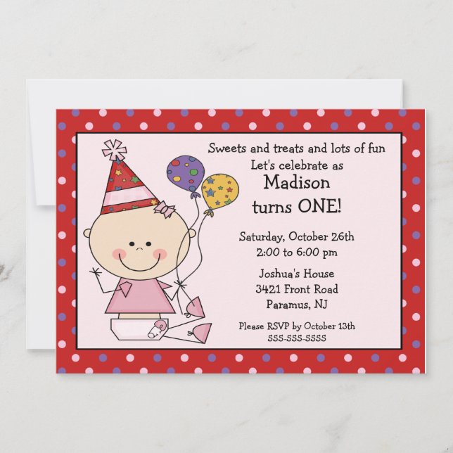 Strichmännchen Baby Girl 1. Geburtstag Einladung (Vorderseite)