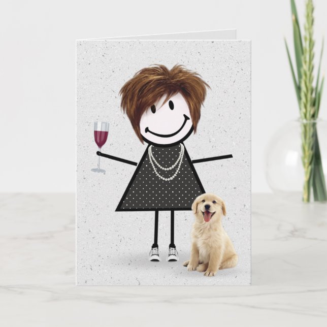 Strichmännchen Birthday Girl mit Golden Retriever Karte (Vorderseite)