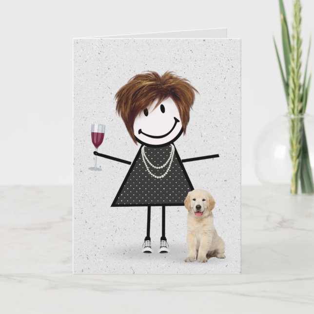 Strichmännchen Birthday Girl mit Golden Retriever Karte (Vorderseite)