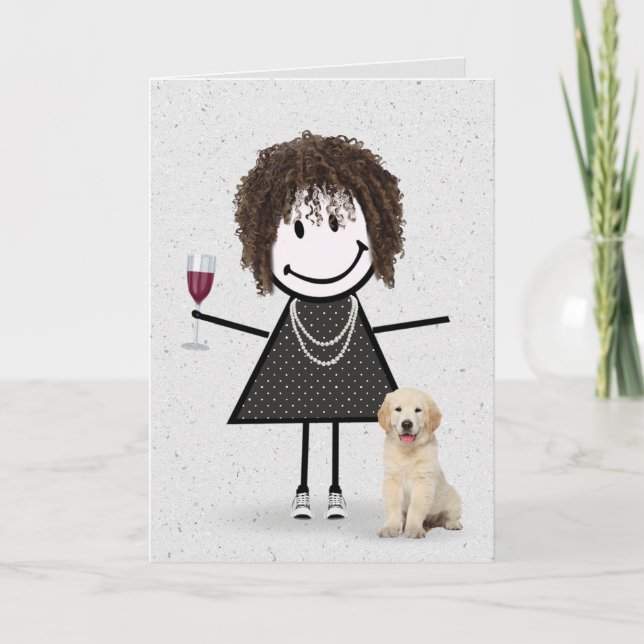 Strichmännchen Birthday Girl mit Golden Retriever Karte (Vorderseite)
