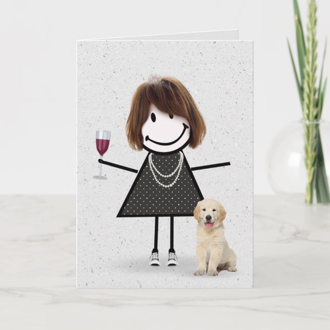 Strichmännchen Birthday Girl mit Golden Retriever Karte (Vorderseite)