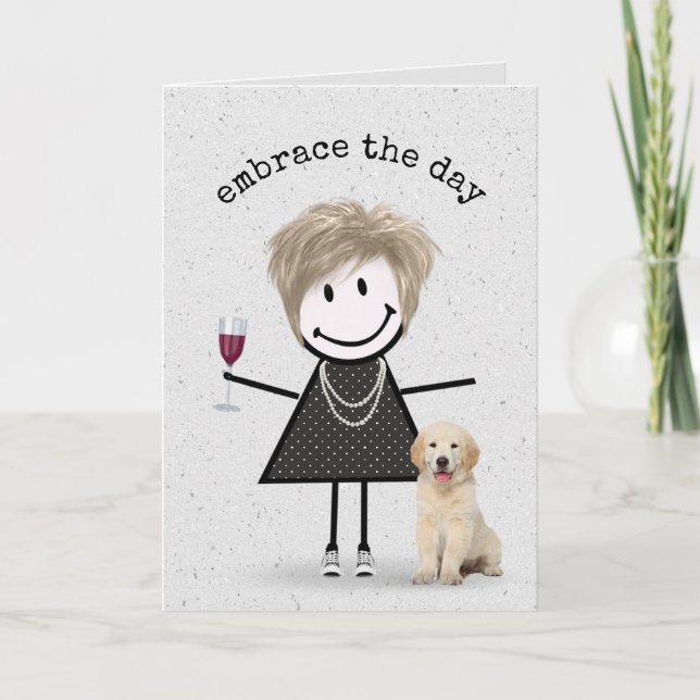 Strichmännchen Birthday Girl mit Hund Karte (Vorderseite)