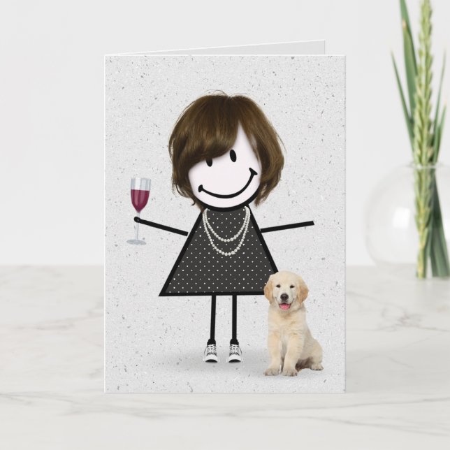 Strichmännchen Birthday Girl mit Hund Karte (Vorderseite)