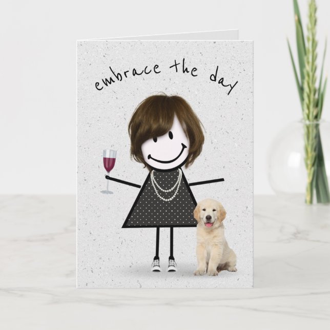 Strichmännchen Birthday Girl mit Hund Karte (Vorderseite)