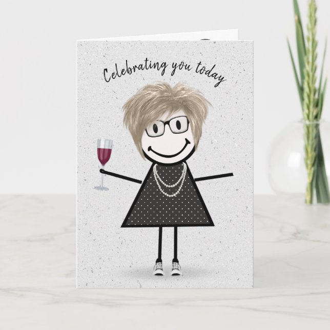 Strichmännchen Birthday Girl with Red Wine Karte (Vorderseite)