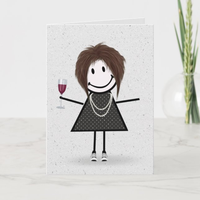 Strichmännchen Birthday Girl with Red Wine Karte (Vorderseite)