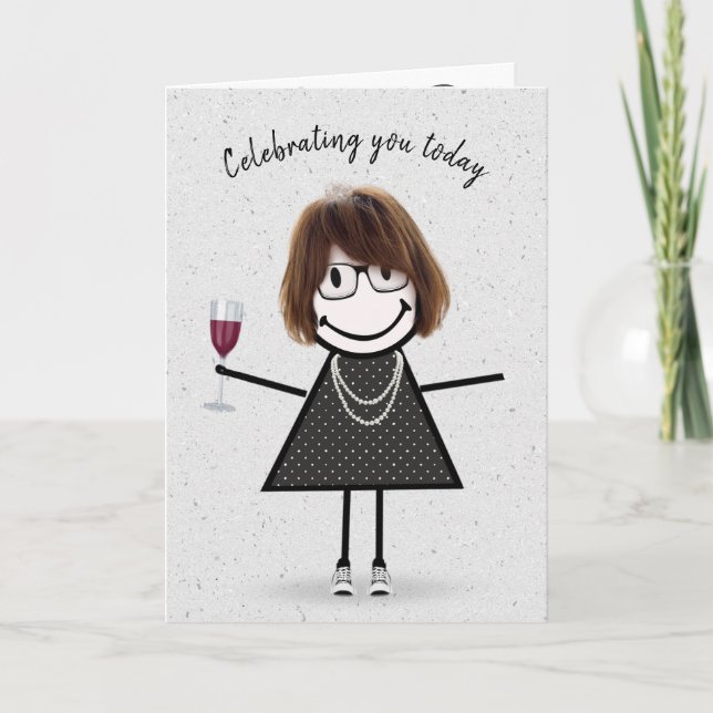 Strichmännchen Birthday Girl with Red Wine Karte (Vorderseite)