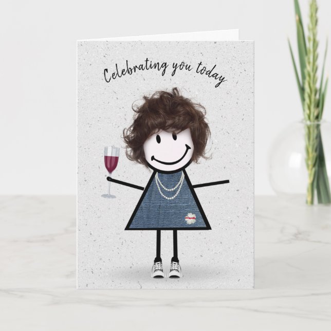 Strichmännchen Birthday Girl with Wine Glass Karte (Vorderseite)