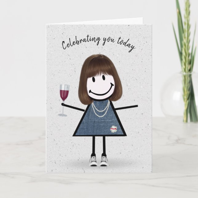 Strichmännchen Birthday Girl with Wine Glass Karte (Vorderseite)