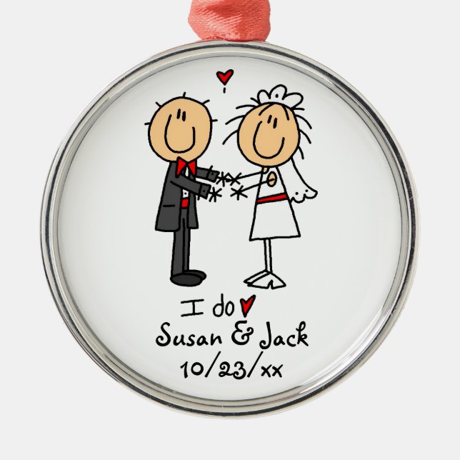 Strichmännchen-Braut u. Bräutigam personalisiert Ornament Aus Metall (Vorne)