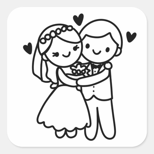 Strichmännchen Braut und Groom Embrace Hochzeit Quadratischer Aufkleber (Vorderseite)