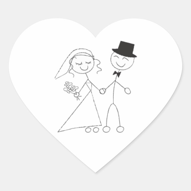 Strichmännchen Bride & Groom Wedding Hearts Herz-Aufkleber (Vorderseite)