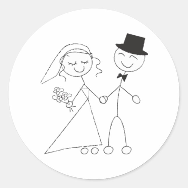 Strichmännchen Bride & Groom Wedding RSVP Einladun Runder Aufkleber (Vorderseite)