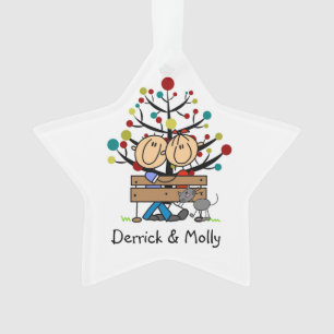 Strichmännchen Couple and Cat Holiday Ornament
