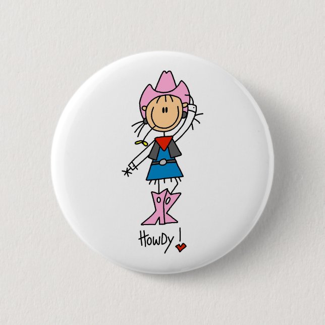 Strichmännchen-Cowgirl im rosa Hut/in den Stiefeln Button (Vorderseite)