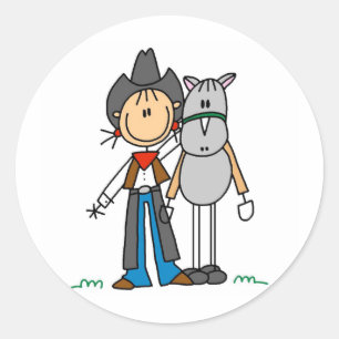 Strichmännchen-Cowgirl mit Pferdeaufklebern Runder Aufkleber