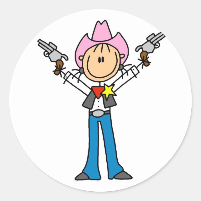 Strichmännchen Cowgirl Sheriff Tshirts Runder Aufkleber (Vorderseite)