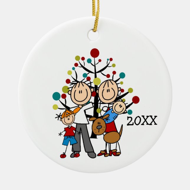 Strichmännchen-Familie mit Hunde Keramik Ornament (Vorne)