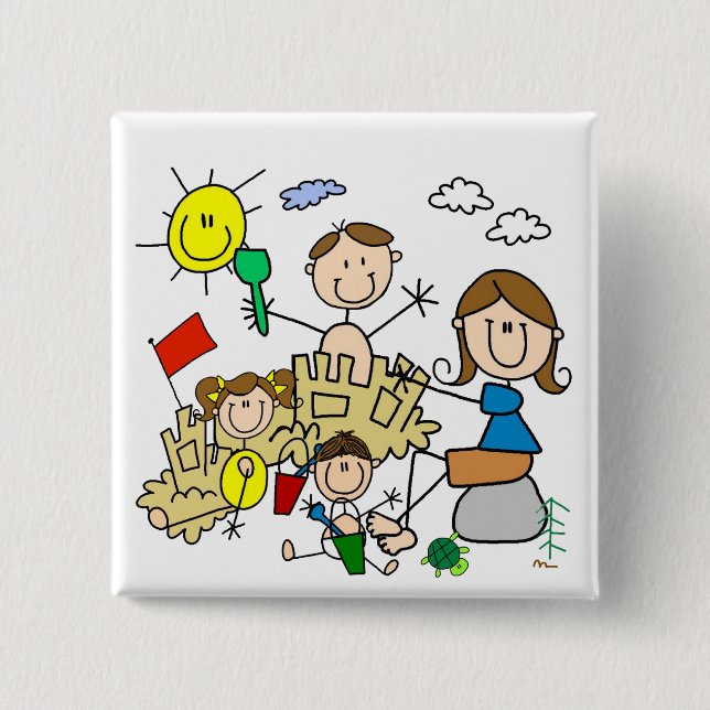 Strichmännchen-Familien-Strand-Spaß Button (Vorderseite)