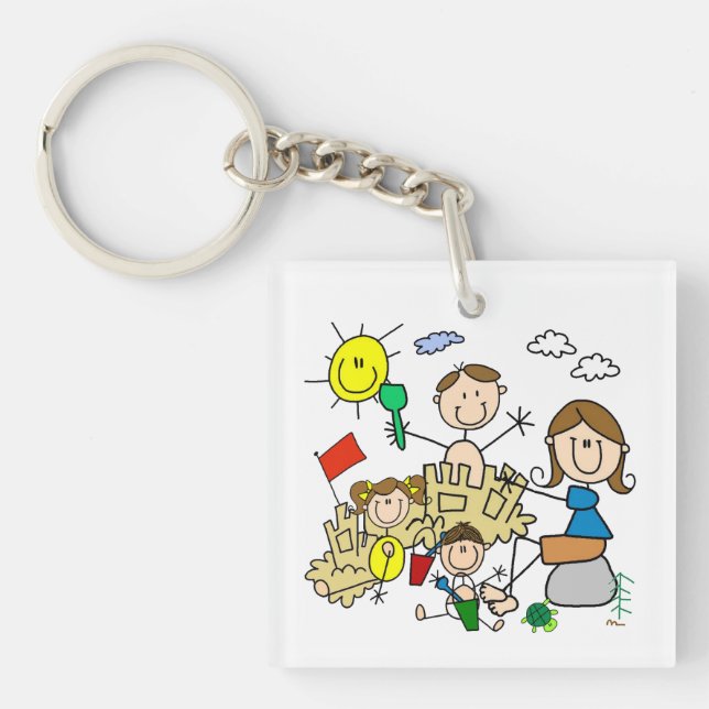 Strichmännchen-Familien-Strand-Spaß Schlüsselanhänger (Vorderseite)